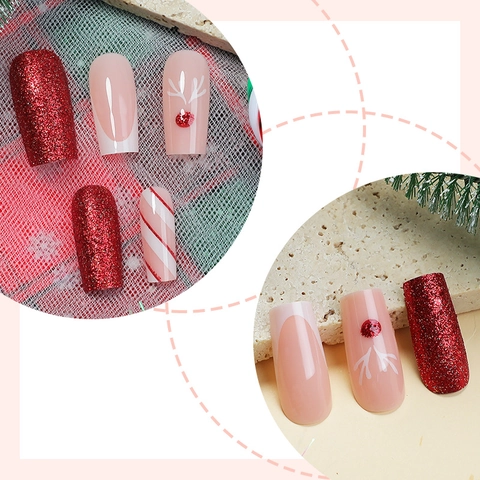 Christmas Press On Nails Long Square Red Glitter Reindeer Stripes French Style False Nails Holiday Party Resin Accessories