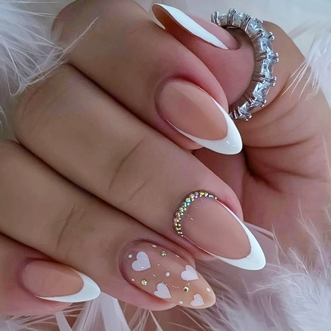 French Tip Press On Nails Almond Shape Nude Pink White Heart Rhinestone Artificial False Nails Women Elegant Manicure