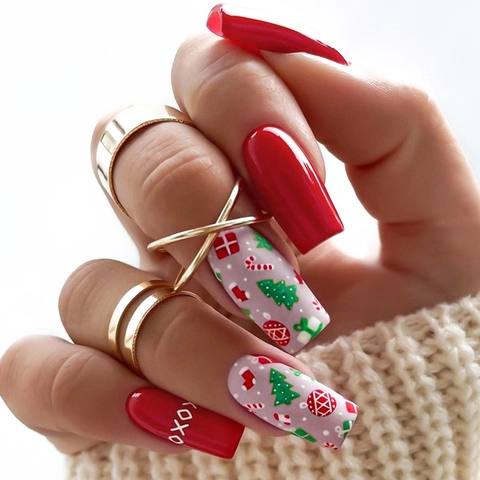 Faux Ongles de Noël Rouges Ongles Artificiels Avec Motifs de Sapin de Noël et Boîte Cadeau pour Femme Manucure Fête