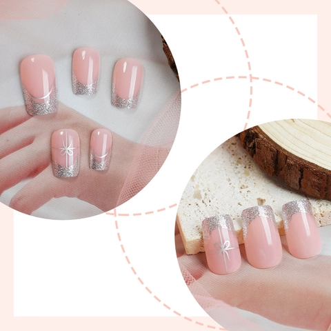 Eckige Aufpressnägel ABS Kunststoff Französischer Stil Nude Rosa Mit Silbernem Glitzer Und Schleifen Design Damen