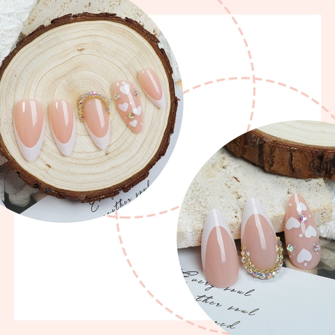 French Tip Press On Nails Almond Shape Nude Pink White Heart Rhinestone Artificial False Nails Women Elegant Manicure