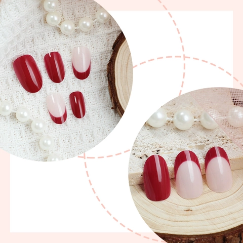 Unghie Finte Press On French Tip Ovali Rosso Scuro Nude Lucido Per Donna Con Linguette Adesive E Lima