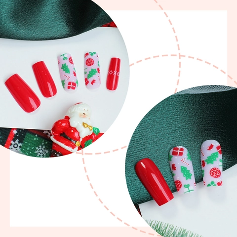 Faux Ongles de Noël Rouges Ongles Artificiels Avec Motifs de Sapin de Noël et Boîte Cadeau pour Femme Manucure Fête