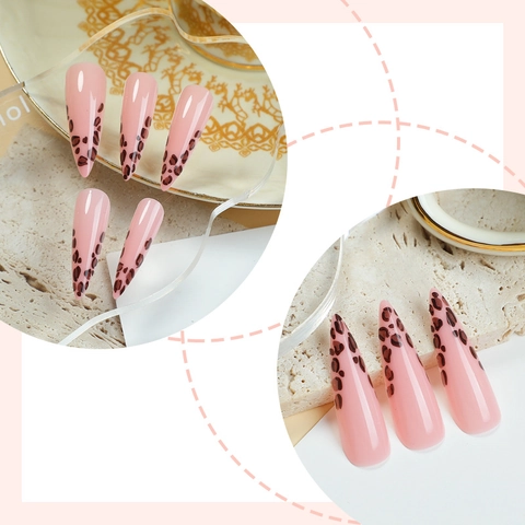 Unghie Finte Stiletto Lunghe French Leopardate Base Rosa Unghie Artificiali Con Linguette Adesive E Lima