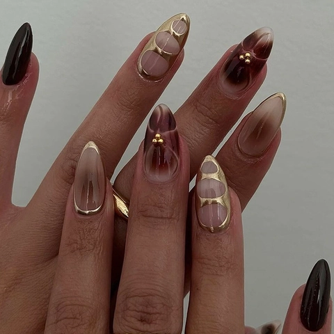 Ongles Press On Amande Faux Ongles Design Fleur Estompée Perles Dorées Style Français Longs Faux Ongles Pour Femmes