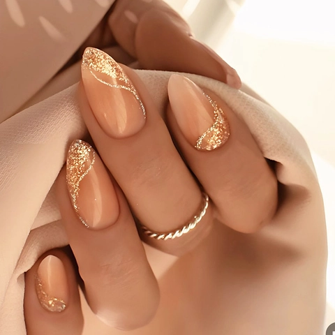 Almond Press On Nails Glossy Nude Pink Gold Glitter French Line Artificial False Fingernails For Women Elegant