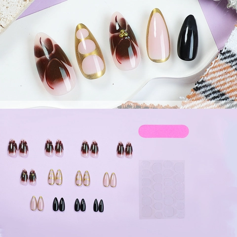 Ongles Press On Amande Faux Ongles Design Fleur Estompée Perles Dorées Style Français Longs Faux Ongles Pour Femmes
