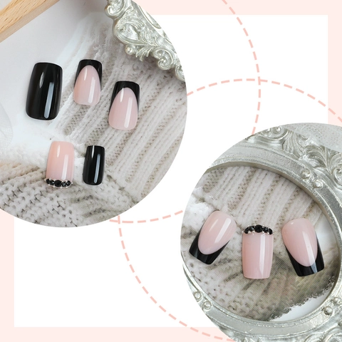 Black French Glossy Short Square Press On Nails With Rhinestone Simple Elegant Style Fake Nails