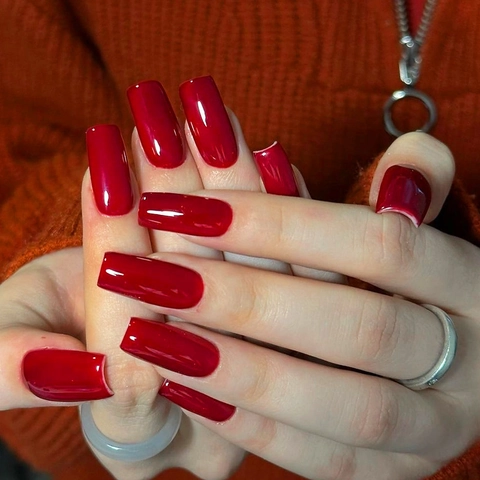 Red Glossy Medium Long Square Fake Nails With Adhesive Tabs And Nail File For Women Solid Color Elegant Manicure