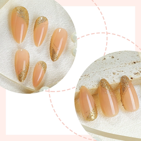 Almond Press On Nails Glossy Nude Pink Gold Glitter French Line Artificial False Fingernails For Women Elegant
