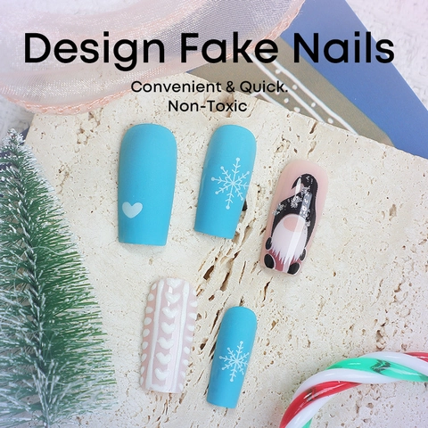 Christmas Press On Nails Winter Snowflake Gnome Design 3D Sweater Texture Long Coffin Fake Nails For DIY Manicure Women
