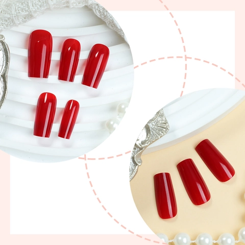 Red Glossy Medium Long Square Fake Nails With Adhesive Tabs And Nail File For Women Solid Color Elegant Manicure