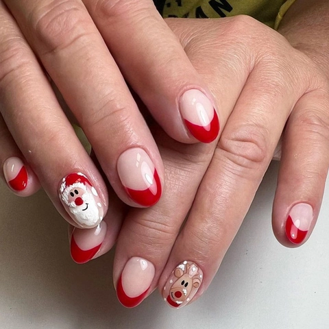Unghie Finte Natalizie Press On Corte Ovali French Tip Rossa Motivi Babbo Natale Renna Con Linguette Adesive E Lima