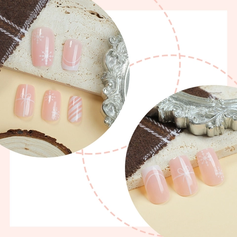White French Press On Nails Snowflake Christmas Winter Long Square Pink Plastic Fake Fingernails For Women DIY Manicure Elegant