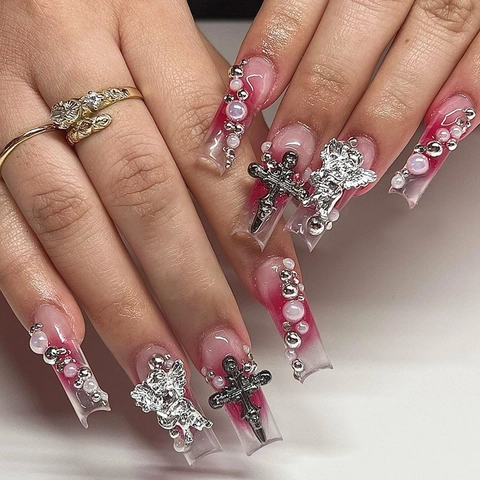 Coffin Press On Nails Mit Legierungskreuz Und Engel Relief Rouge Rosa Farbverlauf Lange Falsche Nägel Mit Künstliche Perlen Für Damen Maniküre