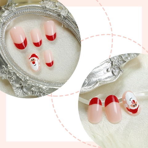 Unghie Finte Natalizie Press On Corte Ovali French Tip Rossa Motivi Babbo Natale Renna Con Linguette Adesive E Lima