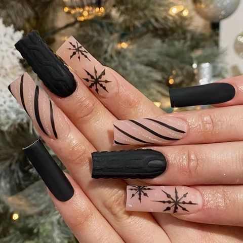 Uñas Postizas Largas Coffin Textura De Suéter 3D Copo De Nieve Negro Estilo Invierno Navidad Mate