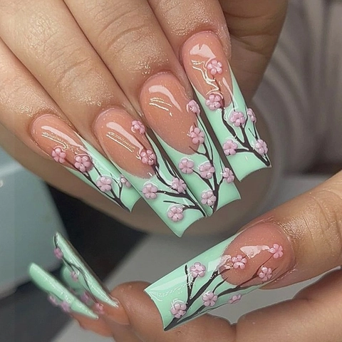 Uñas Postizas Largas Estilo Ataúd Con Diseño De Flor De Cerezo 3D Sakura Francesas Verde Menta Rosa Floral Para Manicura DIY Mujeres