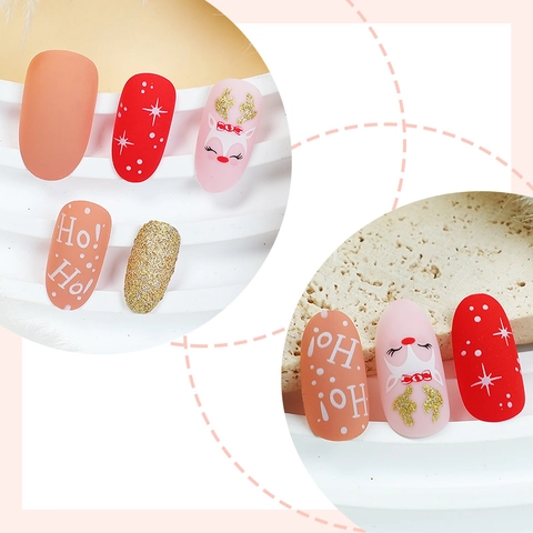 Kerst Press On Nails Rendier Sneeuwvlok Ho Ho Mat Glitter Rood Roze Goud Amandel Kunstnagels Voor Vrouwen Vakantie DIY
