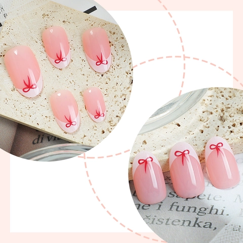 French Tip Press On Nails Short Oval With Red Bow Design Pink Nude Fake Nails Removable Full Cover Manicure For Women