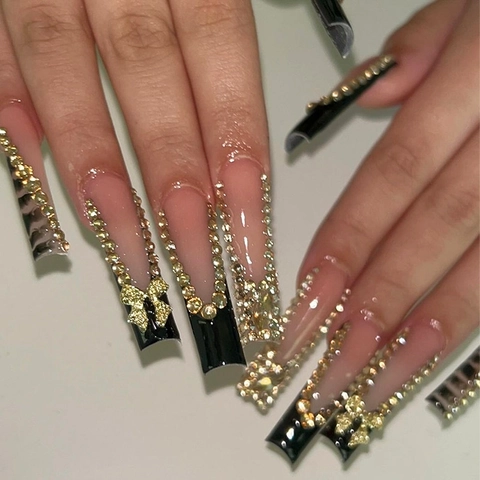 Extra Long Coffin Press On Nails Black French Tip Rhinestone Gold Bow Leopard Print Glossy Glamorous Artificial Nails For Women