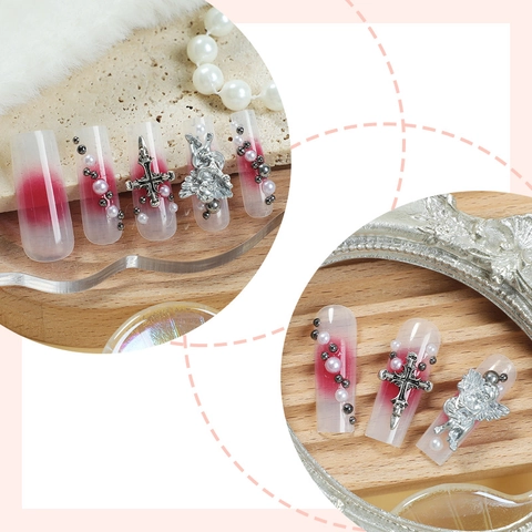 Coffin Press On Nails Mit Legierungskreuz Und Engel Relief Rouge Rosa Farbverlauf Lange Falsche Nägel Mit Künstliche Perlen Für Damen Maniküre
