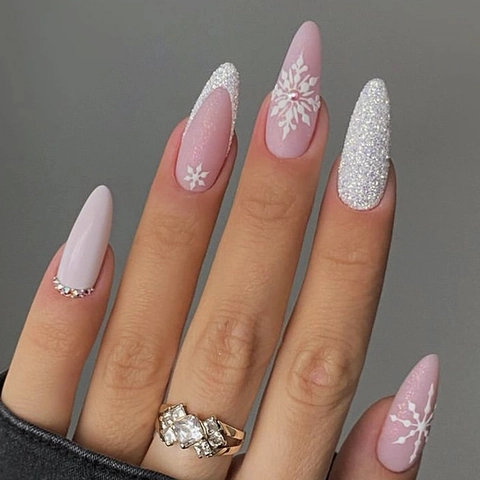 Press On Nails Amandel Lang Mat Roze Wit Sneeuwvlok Steentjes Glitter French Tip Vrouwen Winter Manicure Lijm Vijl