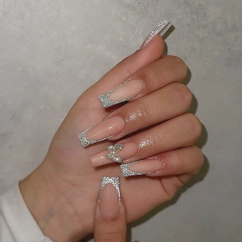 Long Coffin Press On Nails Silver Glitter French Tip With 3D Butterfly Charm Nude Pink Artificial Fingernails For Women