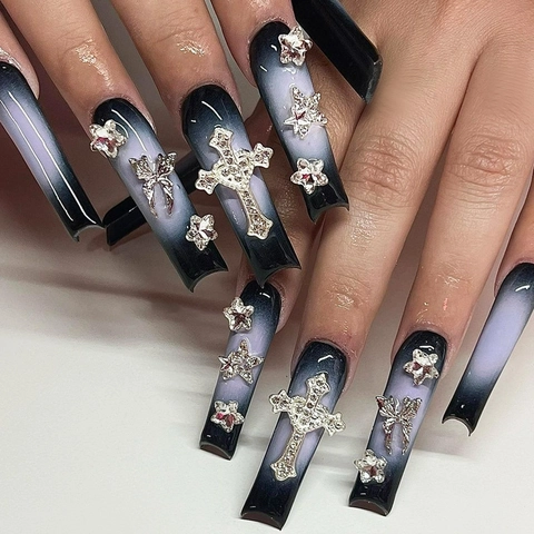 Press On Nails Long Square Black Ombre Gothic Punk 3D Cross Star Butterfly Rhinestones Cool Y2K Fake Nails For Women