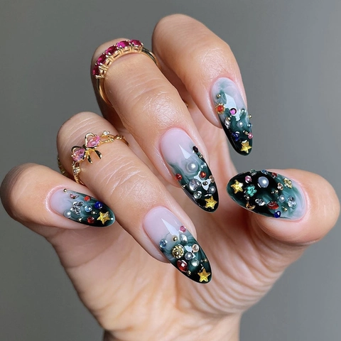 Dark Green Marble Press On Nails 3D Rhinestone Faux Artificial Pearl Metal Star Decor Gradient Stiletto Long Fake Nails DIY Manicure