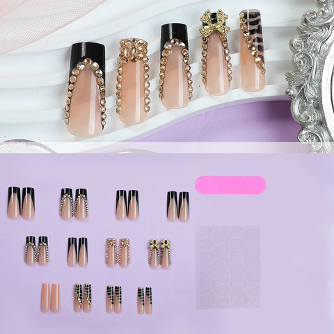 Extra Long Coffin Press On Nails Black French Tip Rhinestone Gold Bow Leopard Print Glossy Glamorous Artificial Nails For Women