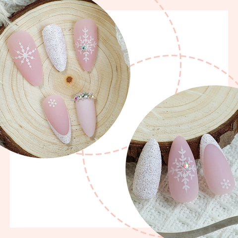 Faux Ongles Amande Long Mat Rose Blanc Flocon De Neige Strass Paillettes French Tip Femmes Manucure Hiver Colle Lime