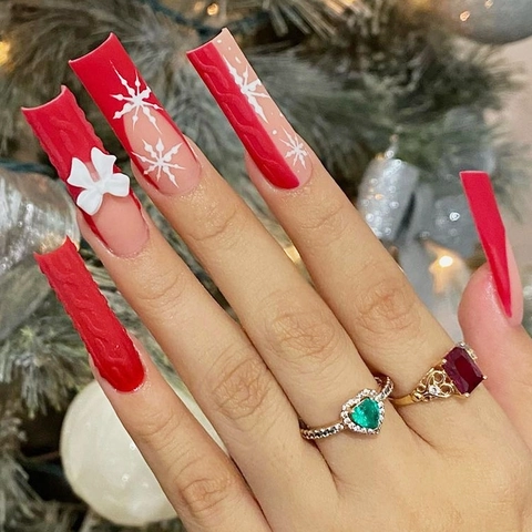Kerst Press On Nagels Sneeuwvlok 3D Strik Breipatroon Lange Doodskist Vorm Rood Nude Roze Kunstnagels Dames