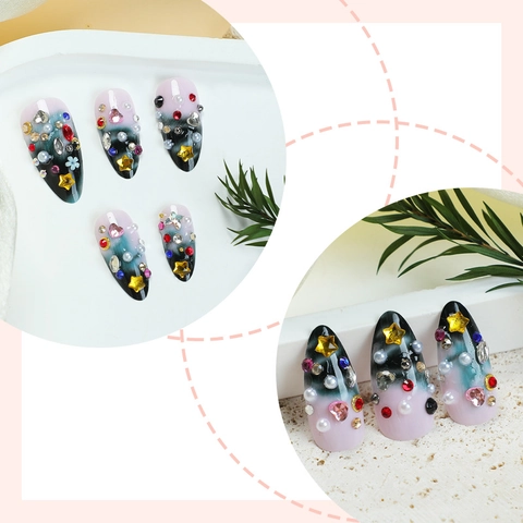 Dark Green Marble Press On Nails 3D Rhinestone Faux Artificial Pearl Metal Star Decor Gradient Stiletto Long Fake Nails DIY Manicure