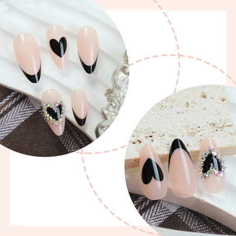 French Black Tip Mandel Künstliche Nägel Mit 3D Strass Herz Dekorationen Lange Falsche Nägel Für Frauen