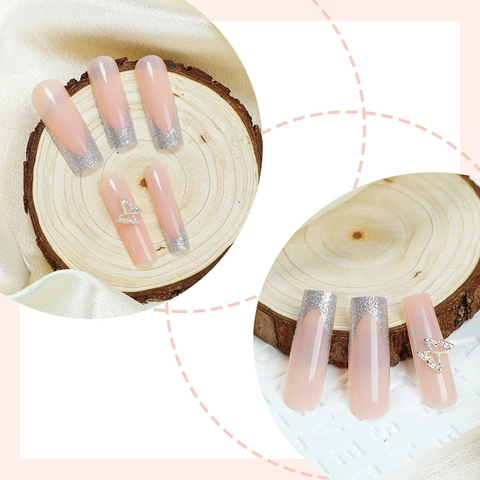 Long Coffin Press On Nails Silver Glitter French Tip With 3D Butterfly Charm Nude Pink Artificial Fingernails For Women
