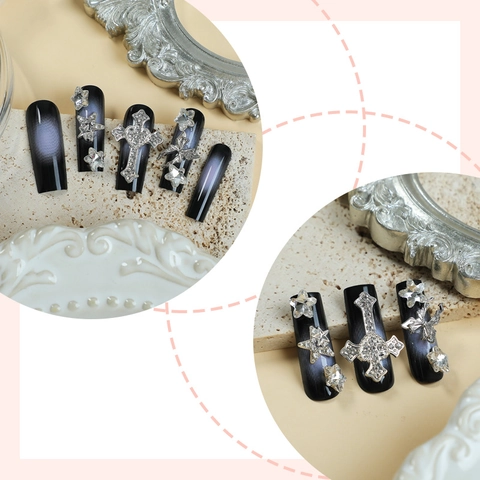 Press On Nails Long Square Black Ombre Gothic Punk 3D Cross Star Butterfly Rhinestones Cool Y2K Fake Nails For Women