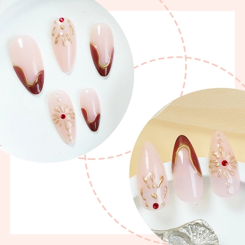 Faux Ongles Press On Forme Amande Avec Strass Et Fleurs Baroques Dorées Style Vintage Élégant Pour Femmes