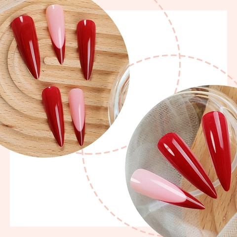 Unghie Finte Lunghe Stiletto French Rosso Scuro E Rosa Nude Lucide Unghie A Pressione Con Linguette Adesive E Lima