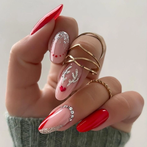 Red Press On Nails Christmas Reindeer Pattern Glitter Heart Rhinestone Almond Shape Glossy Long Fake Nails For Women