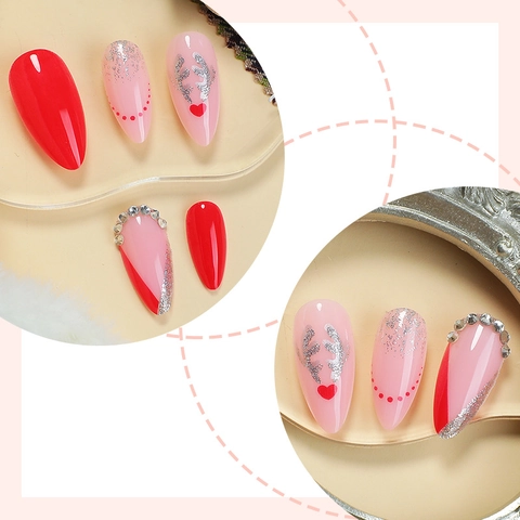 Red Press On Nails Christmas Reindeer Pattern Glitter Heart Rhinestone Almond Shape Glossy Long Fake Nails For Women