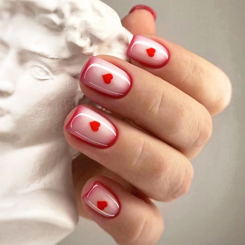 Press On Nails Short Square Red French Heart Design Fake Nail Tips With Adhesive Tabs And Nail File For Women