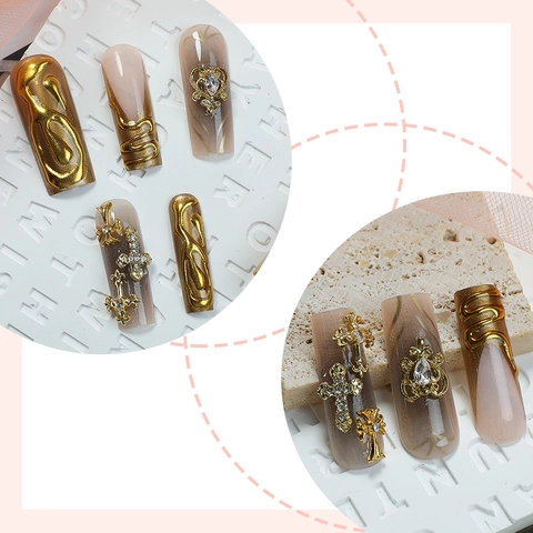 Uñas Postizas Cuadradas Extra Largas Press On Gótico Relieve Dorado Cruz Metálica Corazón Diamantes Ombré