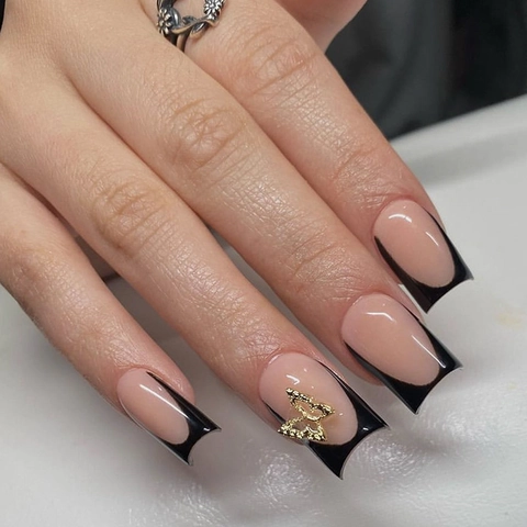 French Tip Press On Nails Black Nude Pink With 3D Gold Butterfly Long Square Shape DIY Manicure For Women Elegant