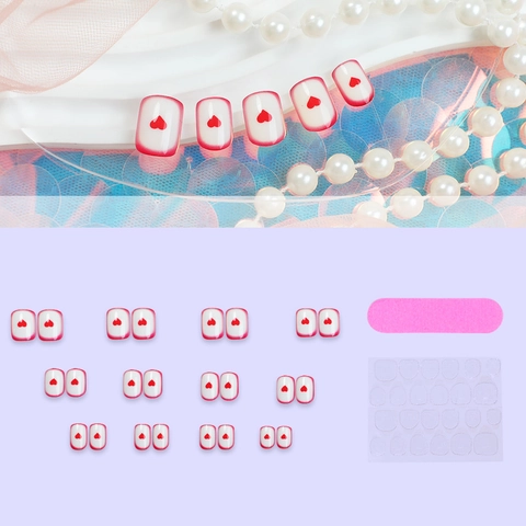 Press On Nails Short Square Red French Heart Design Fake Nail Tips With Adhesive Tabs And Nail File For Women