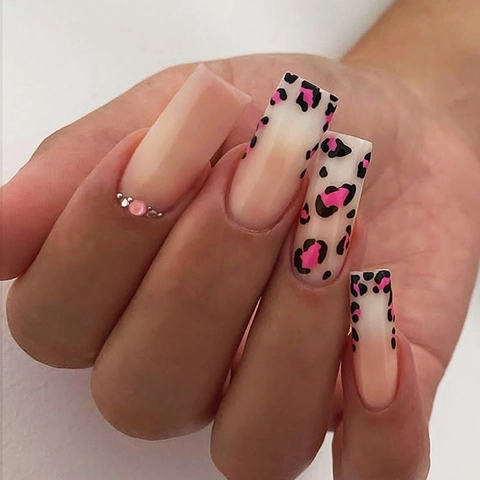 Press On Nails Long Coffin Square Pink French Gradient Leopard Print Art Artificial Nails With Rhinestones Beads Women