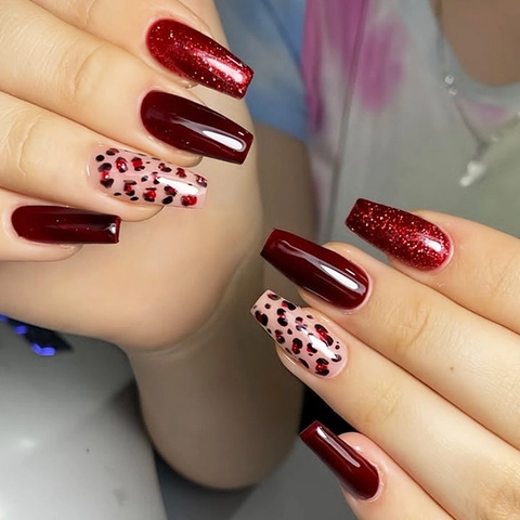 Coffin Shape Press On Nails Wine Red Leopard Print Shimmer Cat Eye Effect Long Artificial Fake Nails