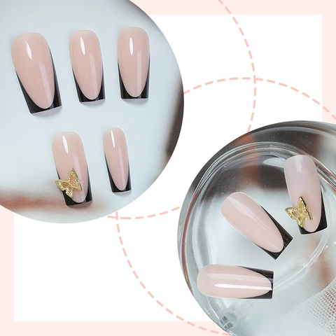 French Tip Press On Nails Black Nude Pink With 3D Gold Butterfly Long Square Shape DIY Manicure For Women Elegant