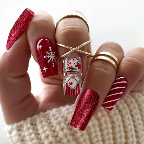 Kerst Press On Nails Lange Coffin Vorm Kunstnagels Rood Wit Kerstman Sneeuwvlok Patronen Glitter Kunstmatige Vingernagels Voor Dames