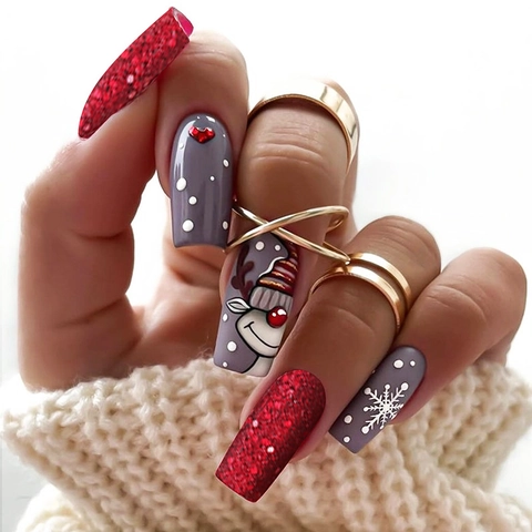 Christmas Press On Nails Medium Long Square Red Glitter Elk Snowflakes Winter Holiday Fake Nails With Adhesive Tabs And File